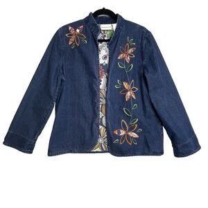 Alfred Dunner Denim Floral Jacket Size 10 Boho 70s Vibe Flower Power Open Blazer